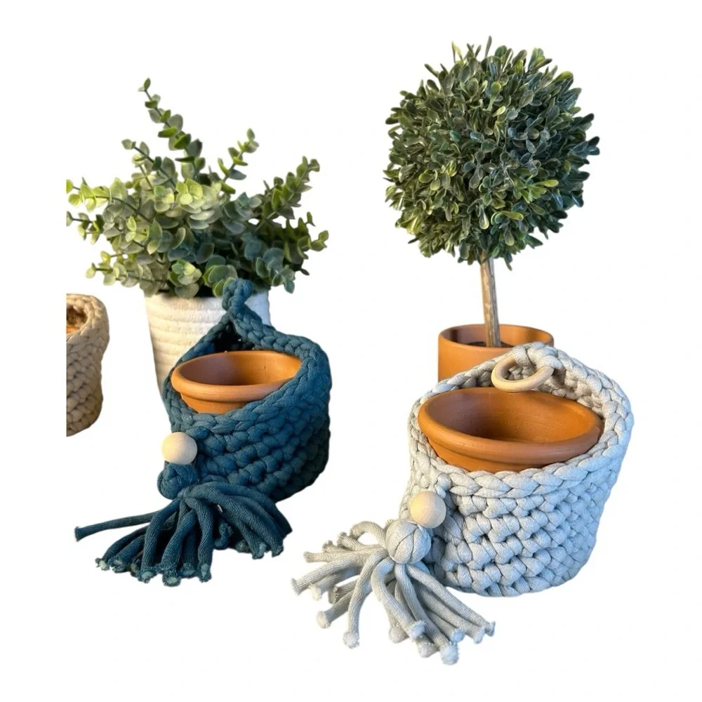 Handcrafted Woven Planter Set - Tan, Blue, Gray